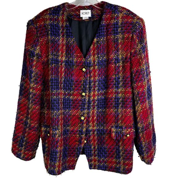 Vintage Koret Blazer Jacket Womens L Multicolor Holiday Wool Plaid Old Money - Picture 1 of 7